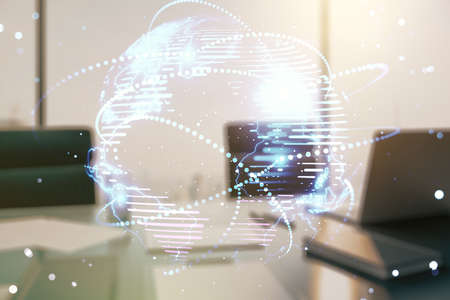 Abstract graphic digital world map with connections and modern desktop with pc on background, globalization concept. Multiexposureの写真素材