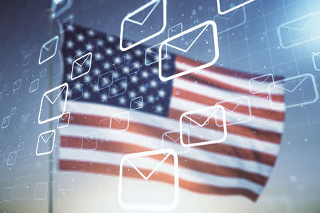 Abstract virtual postal envelopes illustration on US flag and blue sky background. Email and communications concept. Multiexposureの写真素材