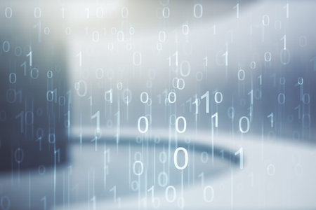 Double exposure of abstract virtual binary code hologram on empty modern office background. Database...
