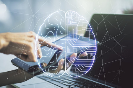 Creative artificial Intelligence concept with human brain hologram and finger clicks on a digital...