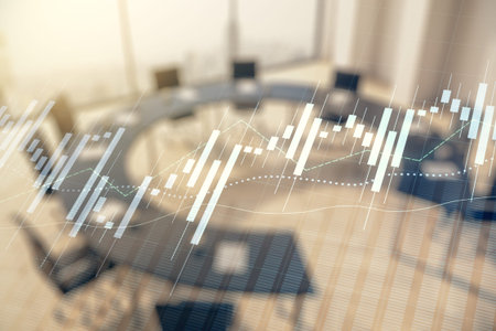 Multi exposure of virtual abstract financial diagram on a modern furnished office interior background, banking and accounting conceptの写真素材