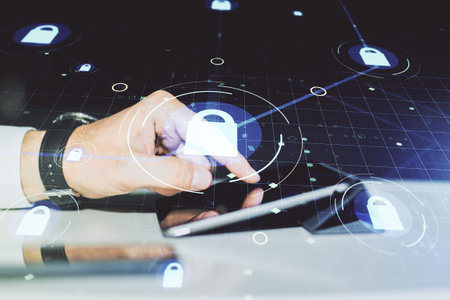 Double exposure of creative lock hologram with chip and with finger clicks on a digital tablet on...