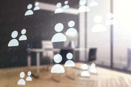 Double exposure of social network icons concept and modern desktop with laptop on background....