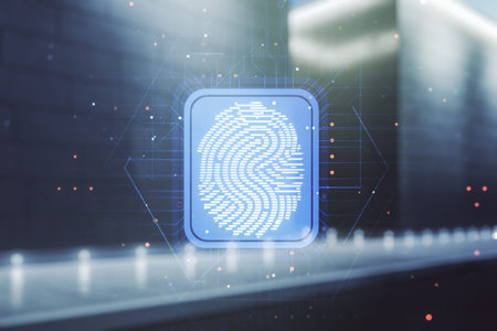 Multi exposure of virtual graphic fingerprint sketch on blurry contemporary office building background, fingerprint scan data conceptの写真素材