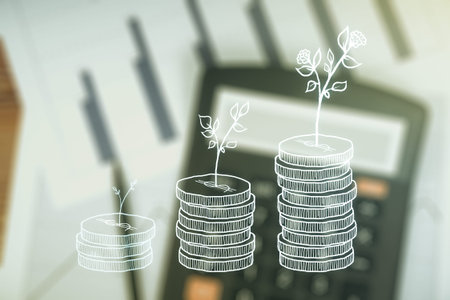 Double exposure of virtual cash savings hologram on blurry calculator background. Development and...