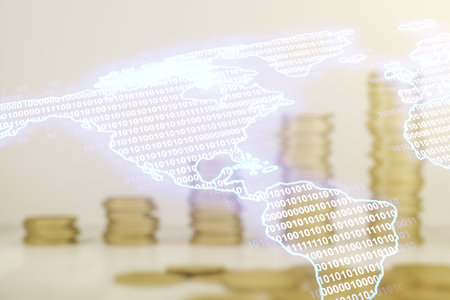 Virtual digital map of North America on stacks of coins background, international trading concept....