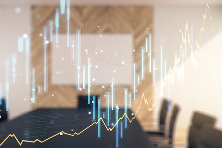 Abstract virtual financial graph hologram on a modern conference room background, forex and...