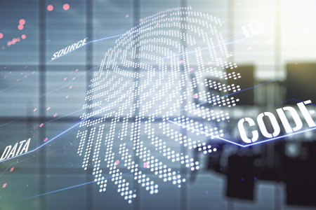 Abstract virtual fingerprint illustration on a modern coworking room background, personal biometric...