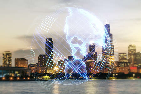 Double exposure of graphic America map hologram on Chicago office buildings background, big data and digital technology conceptの写真素材