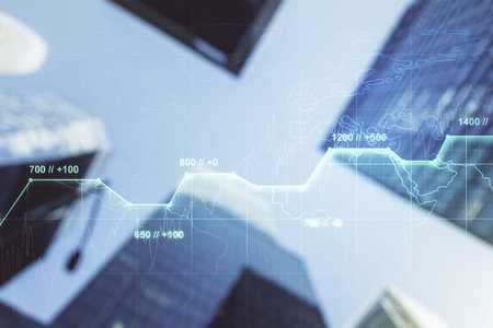 Multi exposure of abstract statistics data hologram interface on blurry cityscape background,...