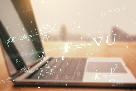 Creative scientific formula illustration on modern computer background, science and research...