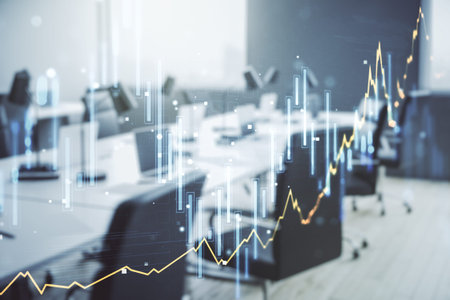 Multi exposure of virtual abstract financial graph interface on a modern furnished classroom...