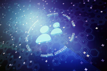 Abstract virtual people icons hologram on blue background. Online insurance service concept. 3D Renderingの写真素材