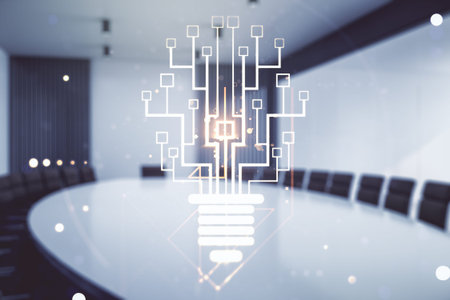 Virtual creative idea concept with light bulb and microcircuit illustration on a modern conference...