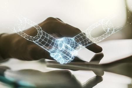 Creative abstract block chain technology sketch with handshake and hand working with a digital...