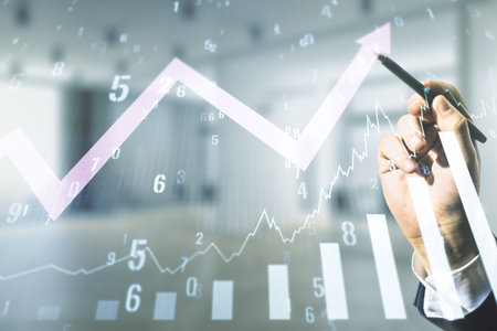 Man hand with pen working with abstract virtual financial graph and upward arrow on blurred office...