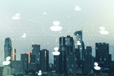 Double exposure of social network icons hologram on Los Angeles office buildings background....