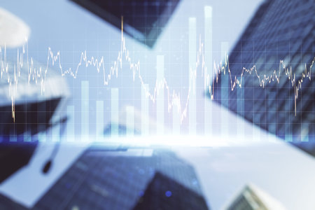 Multi exposure of abstract financial graph on office buildings background, financial and trading...