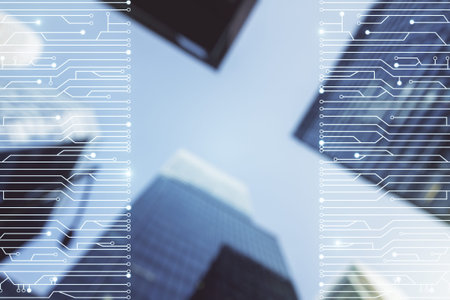 Abstract virtual microscheme illustration on office buildings background. Big data and database...
