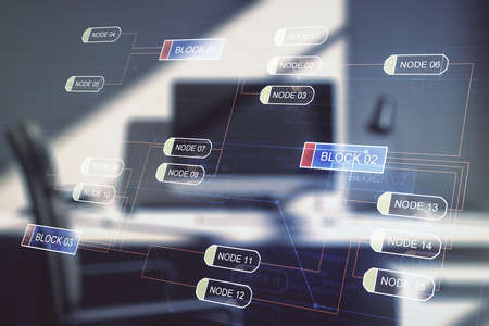 Abstract creative coding concept and modern desktop with computer on background. Multiexposureの写真素材