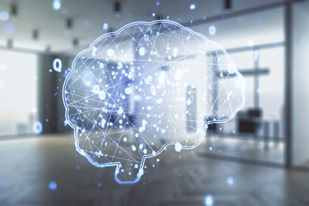 Double exposure of creative artificial Intelligence interface on modern corporate office background....