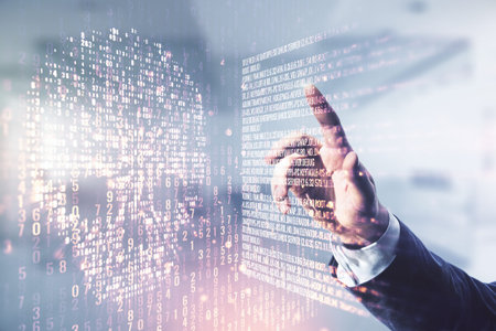 Male hand clicks on abstract virtual creative code skull hologram on blurred office background,...