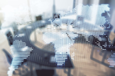 Multi exposure of abstract creative digital world map hologram on a modern meeting room background,...