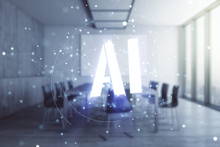 Abstract virtual artificial Intelligence symbol hologram on a modern conference room background....