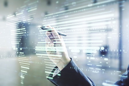 Multi exposure of man hand with pen working with abstract graphic world map on blurred office...