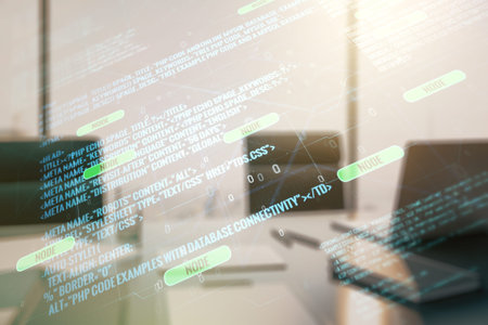 Abstract creative coding illustration and modern desktop with pc on background, software development...
