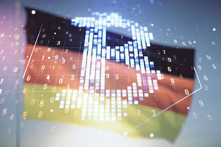 Double exposure of creative Bitcoin symbol hologram on German flag and blue sky background. Cryptocurrency conceptの写真素材