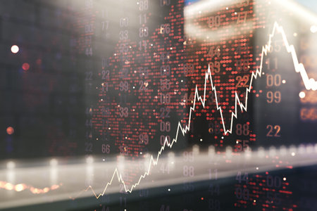 Double exposure of abstract creative financial diagram and world map on contemporary business center...