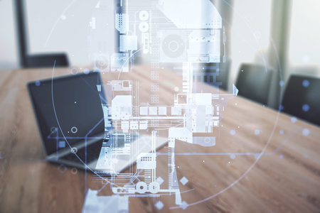 Double exposure of creative artificial Intelligence symbol with modern laptop on background. Neural networks and machine learning conceptの写真素材