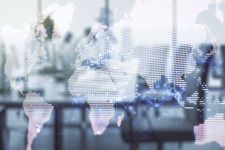 Abstract creative digital world map on a modern furnished classroom background, globalization concept. Multiexposureの写真素材