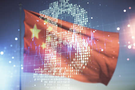 Double exposure of creative Bitcoin symbol hologram on flag of China and sunset sky background. Cryptocurrency conceptの写真素材