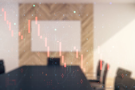 Abstract virtual crisis chart illustration on a modern conference room background. Global crisis and...