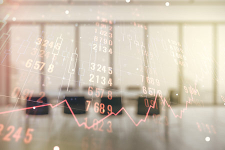 Double exposure of abstract creative statistics data hologram on a modern boardroom background,...