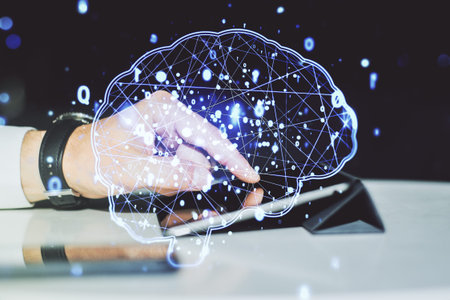 Creative artificial Intelligence concept with human brain hologram and finger clicks on a digital...