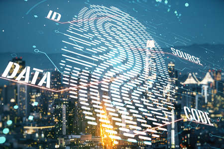 Double exposure of virtual creative fingerprint hologram on San Francisco office buildings background, protection of personal information conceptの写真素材