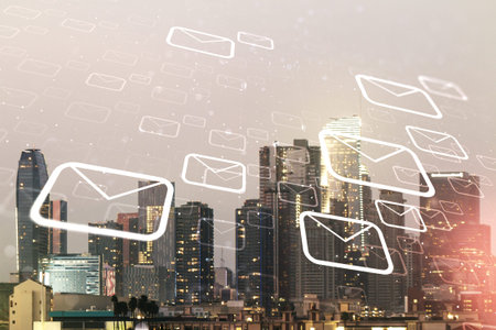 Abstract virtual postal envelopes sketch on Los Angeles office buildings background, e-mail and...