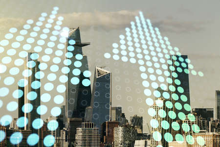 Double exposure of abstract virtual upward arrows hologram on New York city skyscrapers background. Ambition and challenge conceptの写真素材