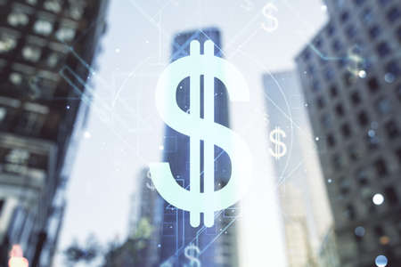 Virtual USD symbols illustration on office buildings background. Trading and currency concept. Multiexposureの写真素材