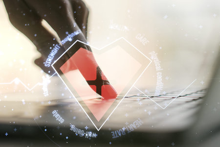 Double exposure of creative abstract heart rate hologram and hands typing on laptop on background....