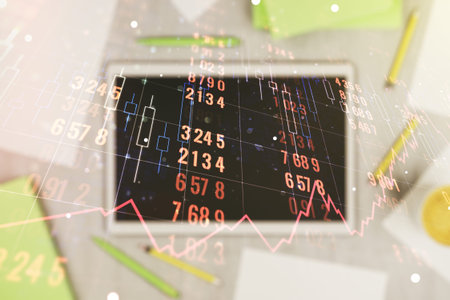 Double exposure of abstract creative statistics data hologram and digital tablet on background, top...