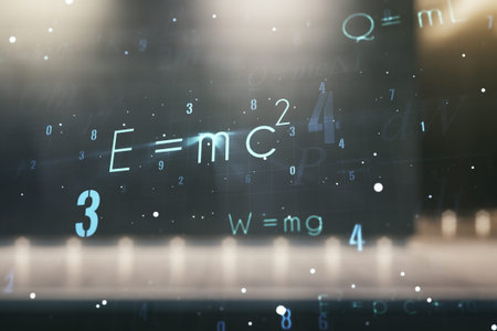 Scientific formula hologram on contemporary business center exterior background, research concept....
