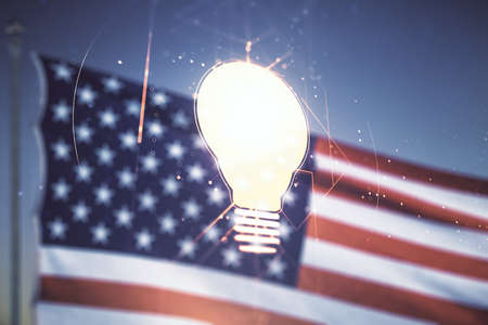 Virtual Idea concept with light bulb illustration on US flag and blue sky background. Multiexposureの写真素材