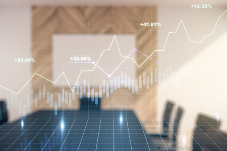 Multi exposure of virtual abstract financial graph interface on a modern coworking room background,...