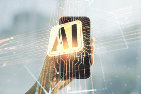 Double exposure of creative artificial Intelligence icon and hand with cell phone on background....