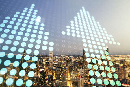 Abstract virtual upward arrows sketch on Chicago office buildings background, target and goal concept. Multiexposureの写真素材