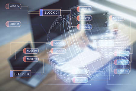 Multi exposure of abstract creative coding sketch with world map and modern desktop with computer on background, artificial intelligence and neural networks conceptの写真素材